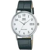 Q&Q Herrenuhr mit Datumsanzeige, Basicband aus Kunstleder, 3 bar - Silber