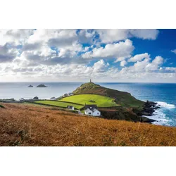 Fototapete PAPERMOON "LEUCHTTURM-KAP CORNWALL WIESE MEER OZEAN KÜSTE STRAND", bunt, B:3,00m L:2,23m, Vlies, Tapeten