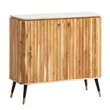 FineBuy Hausbar Akazie Massivholz 95x90x41 cm Weinbar Echter Marmor, Kleine Bar Modern, Barschrank mit Türen und Weinregal, Spirituosenschrank mit