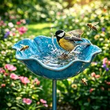 Vogeltränke Hängend Bienentränke Blume für den Garten, Frühlingsdeko Draussen Gartenstecker,Vogeltränke Winterfest,Dekorative Fütterschale für Vögel und Bienen(Blau)