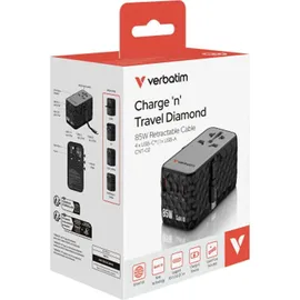 Verbatim Charge 'n' Travel - GaN III Universal Reiseadapter mit integriertem Kabel, 85W, Steckdosenadapter mit USB-A, USB-C USB PD, USB PD 3.1, QC 3.0, QC 4+, PPS, Fast Charge,