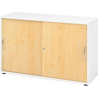 bümö Schiebetürenschrank "2OH" - Aktenschrank abschließbar, Sideboard Schrank mit Schiebetüren in Weiß/Ahorn - Büroschrank aus Holz mit Schiebetür,