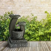 Blumfeldt Fantaghiro Zierbrunnen Gartenbrunnen 3W Solar LED Polyresin Steinoptik Schwarzer Schiefer