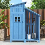 Gerätehaus Geräteschuppen mit sattelförmige Struktur PVC Dach, Gartenbox mit Fundament und 2 großen Stauraum Ablagen, Gartenbox wasserdicht Outdoor Schrank, Gartenhütte Gerätehäuser 124x46x174cm Blau