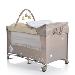 Moni Reisebett Sleepy Rollen, Wickelauflage, Matratze, Spielbogen, Seiteneingang beige braun