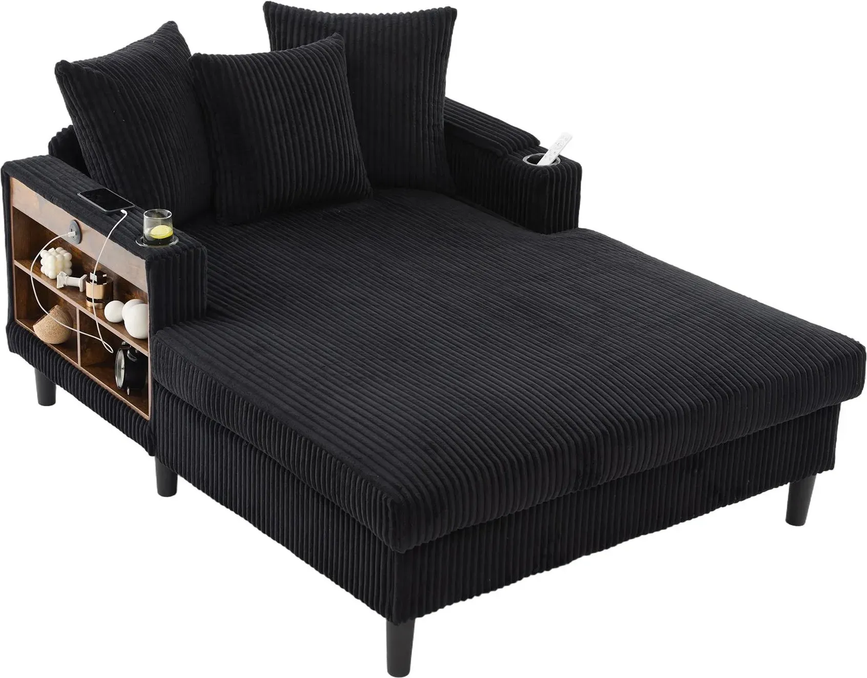 Multifunktionale Cord-Chaiselongue, beidseitigen Getränkehaltern und klappbare Armlehne, 129x170x70 cm, Schwarz