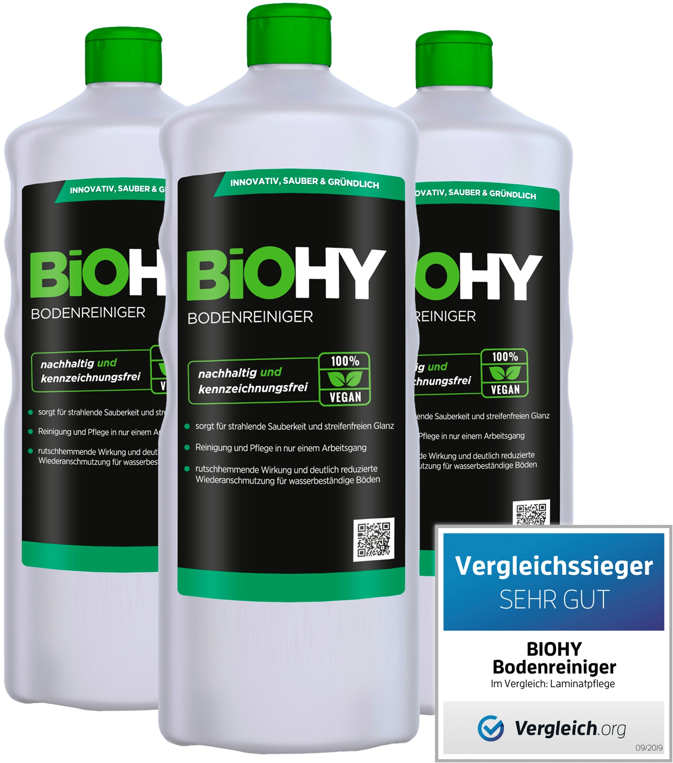 BiOHY Bodenreiniger (3x1l Flasche) | Konzentrat für alle Reinigungsgeräte und alle Hartböden | Angenehmer Geruch und streifenfreie Reinigung