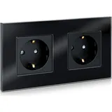 Navaris Glas Schuko Steckdose zweifach - mit Montagematerial - Design Schutzkontakt Wandsteckdose mit Glasrahmen - Doppelsteckdose in Schwarz