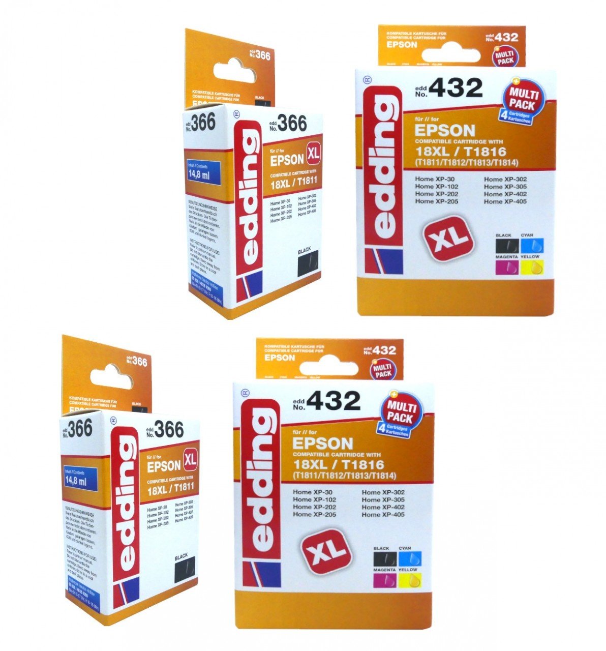 2x Original Edding Tinte Patrone 432 366 für Epson 18XL Home XP 30 102 202 30...