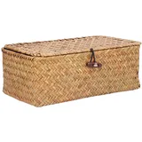 Rattan Korb mit Deckel, Aufbewahrungskorb aus Geflochtenem Rattan, Regalkörbe mit Deckel, 26,9×16×10,4 cm, Seegras Körbe Aufbewahrung, Seegras Rechteckig, für Badezimmer, Wohnzimmer, Küche