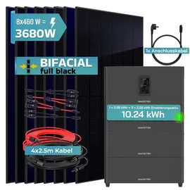 sunniva Balkonkraftwerk Full Black Bifazial 3680 W inkl. 10,24 kWh Speicher + 8 x 460 W N-Typ Glas-Glas Bifacial Module