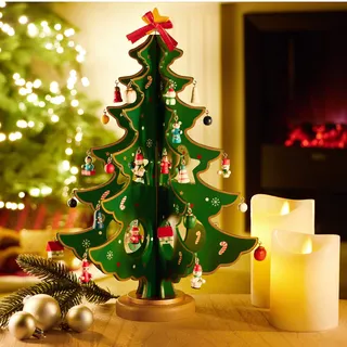 COM-FOUR com-four® Mini-Weihnachtsbaum aus Holz - Zierschmuck - Aufsteller mit vielen Ornamenten zum Aufhängen - künstlicher Tannenbaum für den Schreibtisch (01 Stück - Tannenbaum)