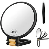 Huucozn 40X Vergrößerungsspiegel Handspiegel für Schmink Vergrösserungsspiegel Kosmetikspiegel mit Vergrößerung 13cm mit Pinzette Set Reiseessential Tragbar & Klappbar Handspiegel Geschenk für Frauen