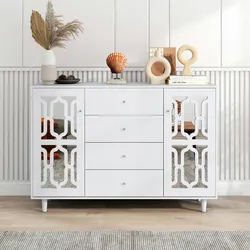 Merax Sideboard Anthem, mit verspiegelten Glastüren und vier Schubladen, Kommode im Landhausstil, Anrichte, Küchenschrank
