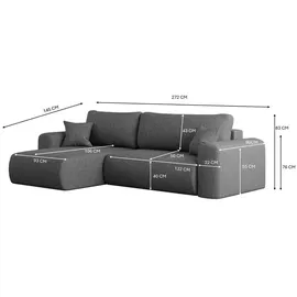 kaiser möbel Ecksofa mit Schlaffunktion und Stauraum für Bettzeug, L-förmiges ,Capri Stoff Verita Rechts Stahl