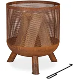 Relaxdays Feuerkorb, Mesh Design, Rostoptik, Feuerrost, Schürhaken, HxD: 53 x 44 cm, Garten Feuertonne, Stahl, braun