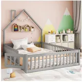 Flieks Kinderbett, Massivholzbett 140x200cm mit Schornsteinform und Lattenrost grau 145 cm x 205 cm x 163.7 cm
