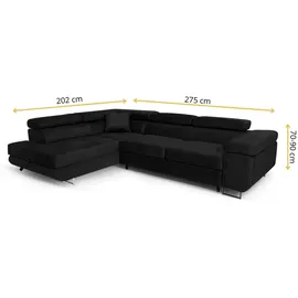 sofiland Eckcouch L-Form mit Schlaffunktion und Bettkasten 3-Sitzer Schwarz