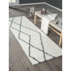 Hochflor-Läufer "My Shaggy Raute", beige (creme, dunkelgrau), B:80cm H:37mm L:250cm, Polypropylen (PP), MYFLAIR MÖBEL & ACCESSOIRES, Teppiche, Shaggy, Scandi Rauten Design, leicht glänzend, extra flauschig