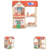 Moni Holz-Puppenhaus Elly 11 Möbelstücke, 2 Etagen, 4 Zimmer, Türe, Küche, Bad rot