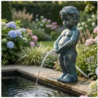 Arnusa Wasserspeier Solar Wasserspiel Junge klassisch Gartendeko 31 cm, Teichdekoration Teichfigur Springbrunnen ohne Strom grau