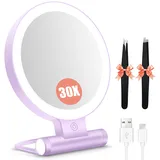 Schminkspiegel mit Beleuchtung,Doppelseitiger1X/30X Vergrößerungsspiegel mit Licht, 2000mAh 3 Farben Beleuchtungsmodi, Einstellbare Helligkeit, Faltbarer Kompakter Makeup Spiegel Reisegröße