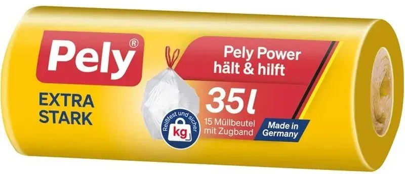 Pely Müllbeutel Extra Stark, 35 Liter, mit Zugband, Transparent, 15 Stück