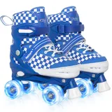 Nattork Verstellbare Rollschuhe für Kinder und Jugendliche, Rollschuhe mit leuchtenden Rädern und Schachbrettmuster für Jungen und Mädchen (Blau, Medium(32-36))