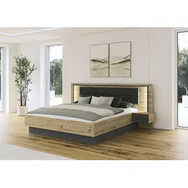 Rauch Bettanlage RAUCH "Bett Doppelbett Komortbett BILBAO-EXTRA", eiche artisan, graumetallic, B:265cm H:109cm T:207cm, Holzwerkstoff, Schlafzimmermöbel-Sets, Bettanlage, Polster-Kopfteil in Lederoptik basalt, mit Beleuchtung MADE IN GERMANY