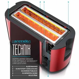 Arendo Toaster Langschlitz mit Display, Auftaufunktion, 1500W, integrierter Brötchenaufsatz, Rot