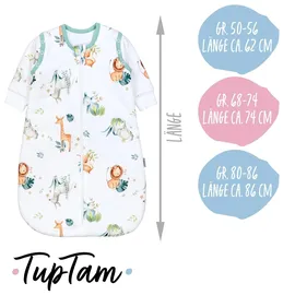 TupTam Schlafsack Baby 2.5 TOG Ganzjahresschlafsack mit abnehmbaren Ärmeln, Farbe: safari (löwe, giraffe, elefant), Größe: 80-86 - 80-86