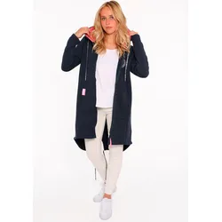 Jerseymantel ZWILLINGSHERZ ""Küste Meer Moin"", Damen, Gr. XXL, blau (marine), Sweatware, Obermaterial: 50% Baumwolle, 50% Polyester, modisch, lässig geschnitten knielang, V-Ausschnitt, Langarm, Mäntel, mit Kapuze, Taschen, Front und Backmotiv Küste Meer Moin