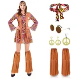 Anxicer 70er Jahre Damen Hippie kostüm: Hippie Kleidung 60er 70er Jahre Bekleidung - Kleid Disco Outfit Faschingskostüme Mädchen für Fasching Karneval Party (XL)