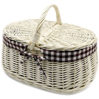 MyBer® Einkaufskorb Korb Picknickkorb Stabiler Tragekorb mit 2 Deckeln aus Weide geflochten. Weiß mit Stoffeinlage