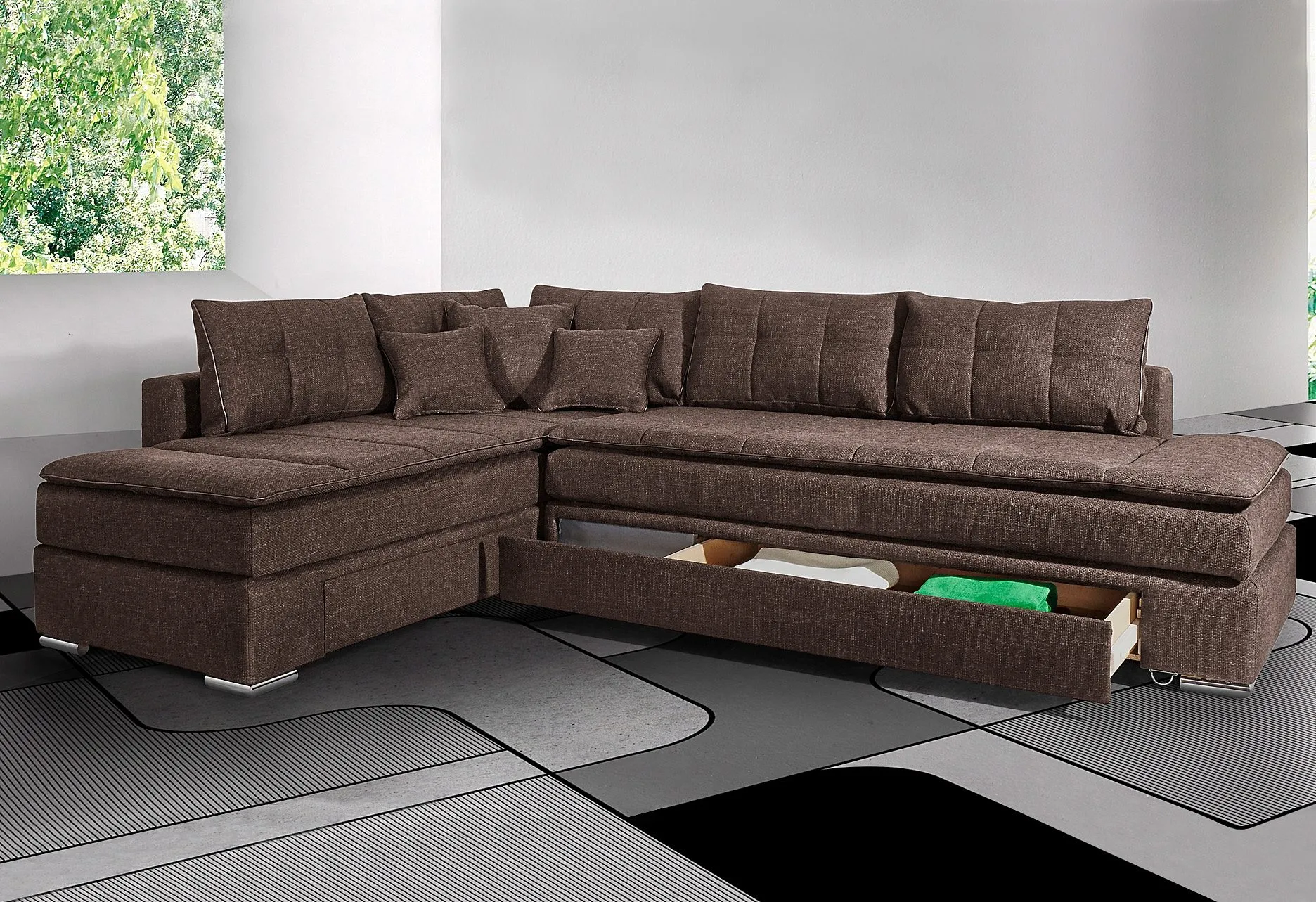 Ecksofa INOSIGN "Night & Day L-Form", braun, B:304cm H:98cm T:223cm, Luxus-Kunstleder / grobe Struktur (80% Polyester / 20% Polyacryl), Unterseite Topper: Bezug der Spiegelfläche aus Matratzendrell (100% Polyester), Struktur fein ( 100% Polyester ), Struktur grob (80% Polyester, 20% Polyacryl), Sofas, mit Dauer-Schlaffunktion