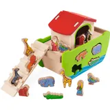 Steckspiel Arche Noah - Motorikspielzeug Holzschiff - Für Kleinkinder ab 1 Jahr - Fördert Hand-Auge-Koordination - 21-teilig - 16 Steckfiguren - 14x26x19cm