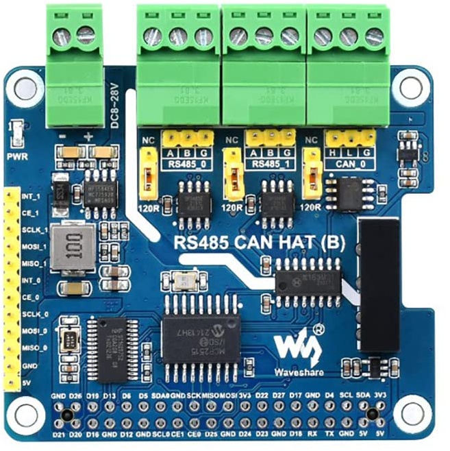 Isolated RS485 CAN HAT (B) for Raspberry Pi Series, SPI Communication, 2-Ch RS485 and 1-Ch CAN, Converts SPI to CAN/RS485