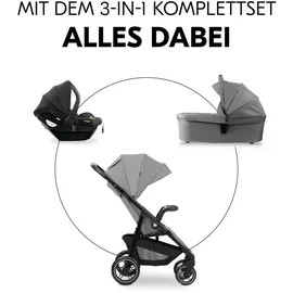 hauck 3in1 Kinderwagen Set inkl. Babyschale ab Geburt bis 22 kg, Klein Zusammenklappbar, Liegefunktion, Getränkehalter - Tablett, UV-Schutz 50+ (Grey)