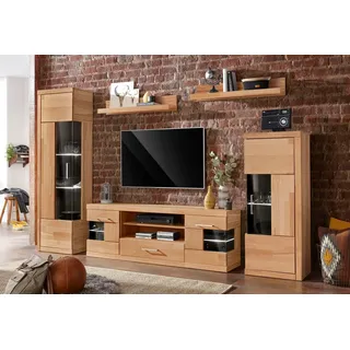 Home Affaire Wohnwand »Ribe,Set-5 St.,Oberplatten massiv,viel Stauraum«, (Set, 5 St.), Glaseinsatz aus gehärtetem Glas,Böden teilweise versetzbar, beige