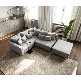 DeLife Ecksofa Clovis Hellgrau Strukturstoff Hocker Armlehne Ottomane Links Modulsofa - Grau/Hellgrau