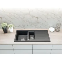 faizee home Granitspüle 100x50 schwarz beidseitig montierbar Einbaugranitspüle Handbetätigung 1000 x 500 mm