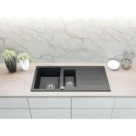 faizee home Granitspüle 100x50 schwarz beidseitig montierbar Einbaugranitspüle Handbetätigung 1000 x 500 mm