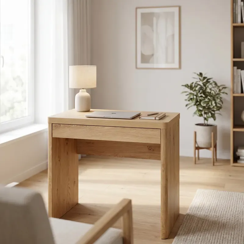 jahnke Montana Oak Kompakt-Arbeitsstation, perfekt für kleine Heimbüros oder als Schminktisch mit integriertem Schubladenfach und abgerundeten Kanten