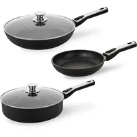 Genius Cerafit Plasma Pfannen Bratpfannen Deluxe-Set 5-tlg. Induktionsbratpfanne, Universalpfanne, für alle Herdarten, abnehmbarer Griff, Glasdeckel