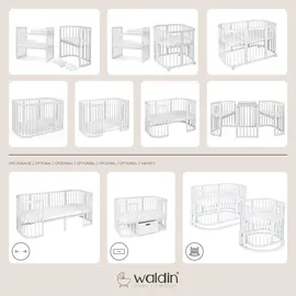 Waldin Oval Babybett OWAL aus Holz 7in1 mit Matratze, mitwachsend,Stoffe Weiß, Tiere,Holz weiß - Weiß