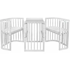 Waldin Babybett Weiß, Grau, Holz 7in1 mit Matratze, Mitwachsendes Kinder-Bett, Belüftet, Boden 5-Fach Verstellbar, All-Inclusive-Set, Holz Stoffe