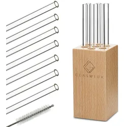 Klarstein Glaswerk Frezzeria Glasstrohhalme 7 Stück 0,8 x 15 cm (ØxH) Holzhalterung Bürste Klarglas