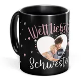 Tassendruck Schwarze Tasse mit Spruch für die weltliebste Schwester - Tasse mit Foto selbst gestalten - Geschenk für Schwester, Fotogeschenk Familie | Schwarze Fototasse, 300 ml