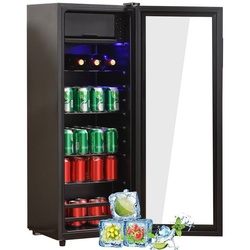 Merax Kühlschrank 128L mit Gefrierfach, Glastür, LED-Beleuchtung, verstellebare Ablage, Getränkekühlschrank SC-128P, 110 cm hoch, 40 cm breit, Mini Kühlschrank, Kühl- und Gefrierfunktion, freistehend schwarz