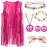 Hippie Kostüm Damen Weste Set- Retro Boho Hippie Kleidung Accessoires Damen Rosa Hippie Weste 60er 70er Jahre Bekleidung Damen Disco Outfit Cowgirl Faschingskostüme Hippie Fransenweste Frau Karneval